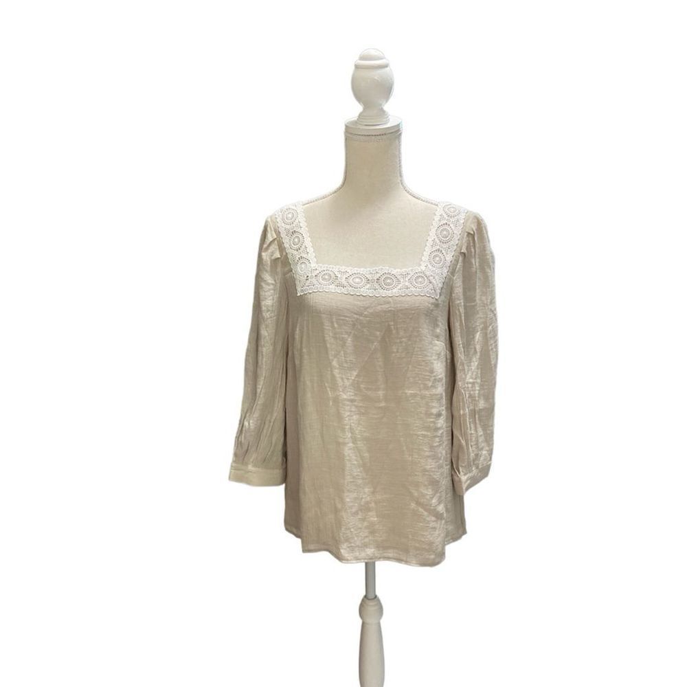 Nanette Lepore Beige Pullover Too Macrame Trim Square Neck Size M